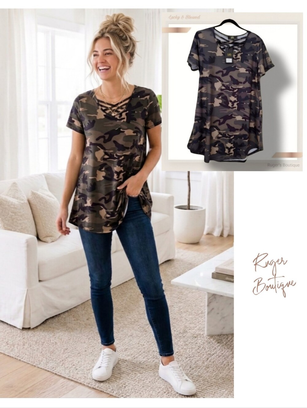 🌿Lucky & Blessed Women's Camo Cross Strap 3.4 Sleeves Tunic-Soft and Adorable!